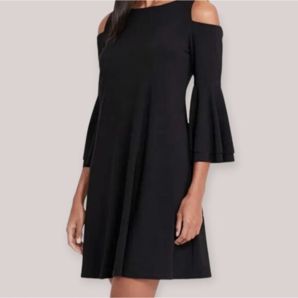 RALPH LAUREN Black Cold Shoulder Flowy Bell Sleeve Dress- Size 12 - Picture 1 of 15